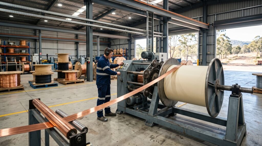 Rectangular copper winding conductor with kraft paper insulation being spooled at an Australian manufacturing facility